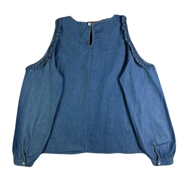 DIZZY LIZZY Denim Cold-Shoulder Ruffled Trim Long Sleeve Womens blouse Size L - Picture 5 of 10